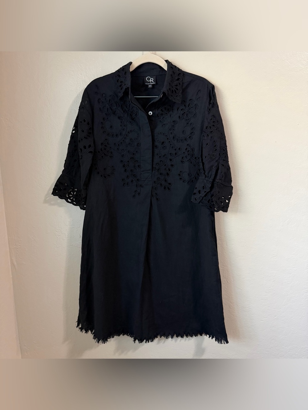 Connie Roberson Black Eyelet Button Down Tunic Shirtdress XS w/ pockets like new